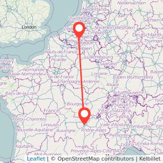 Mapa del viaje Lyon Bruselas en tren