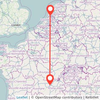 Mapa del viaje Lyon Amsterdam en tren