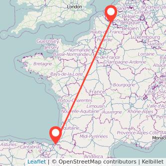 Mapa del viaje Hendaya Lille en tren