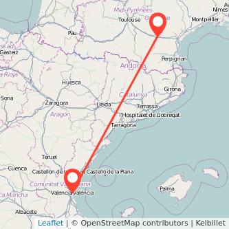 Mapa del viaje Carcasona Valencia en tren