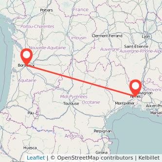 Mapa del viaje Burdeos Nimes en tren