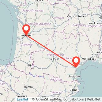 Mapa del viaje Burdeos Narbonne en tren