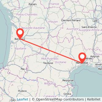 Mapa del viaje Burdeos Montpellier en tren