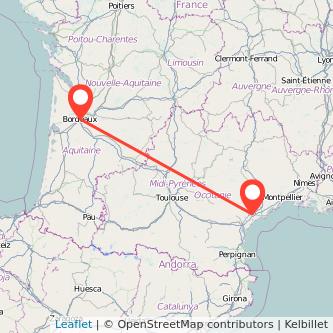 Mapa del viaje Burdeos Béziers en tren