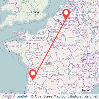 Mapa del viaje Burdeos Bruselas en tren