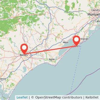 Mapa del viaje Béziers Sète en tren