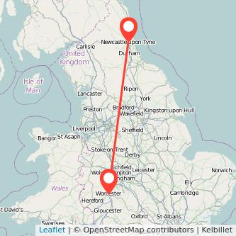 Worcester Newcastle upon Tyne train map