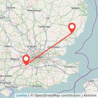 Woking Ipswich train map