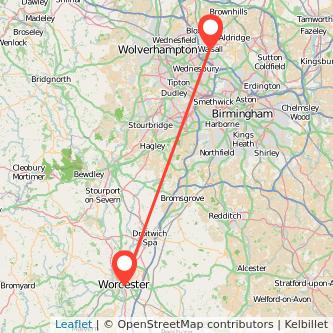 Walsall Worcester bus map