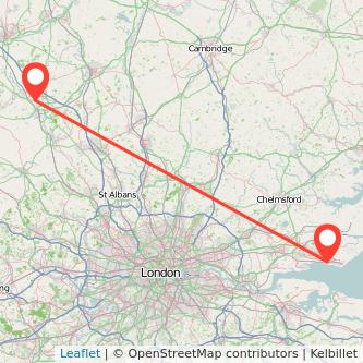 Southend-on-Sea Milton Keynes bus map