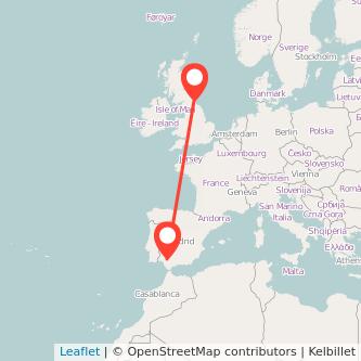 Newcastle upon Tyne Seville flight map