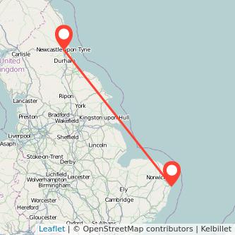 Newcastle upon Tyne Lowestoft bus map