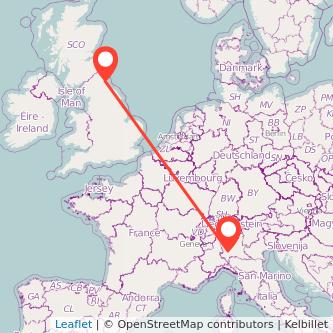 Newcastle upon Tyne Milan flight map