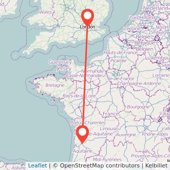 Mapa del viaje Londres Burdeos en tren
