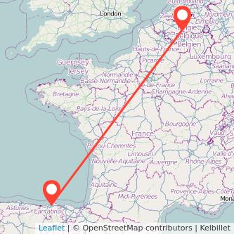 Mapa del viaje Bruselas Santander en bus