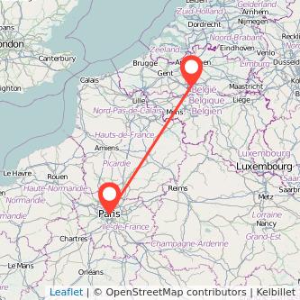 Mapa del viaje Bruselas París en tren