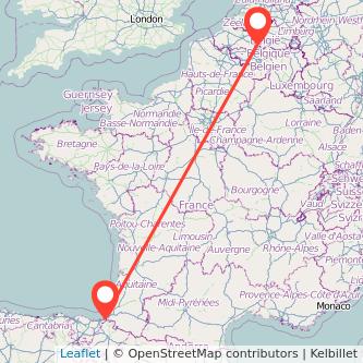 Mapa del viaje Bruselas Hendaya en tren