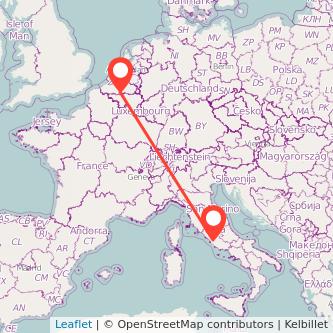 Mapa del viaje Bruselas Roma en bus