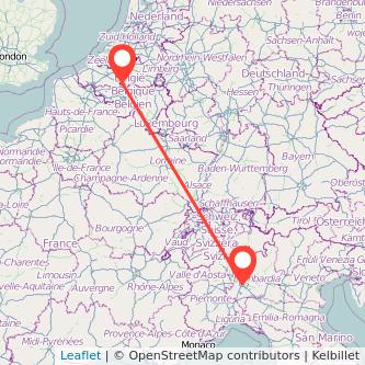 Mapa del viaje Bruselas Milan en bus