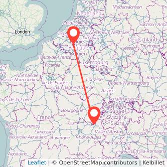 Mapa del viaje Bruselas Ginebra en tren