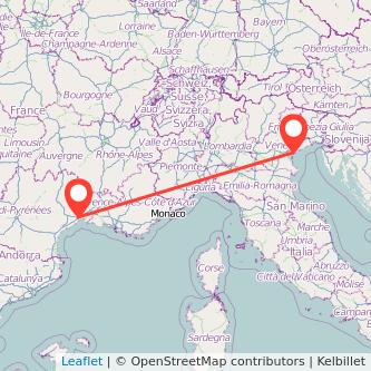 Mapa del viaje Venecia Montpellier en bus