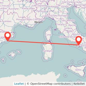 Mapa del viaje Nápoles Barcelona en bus