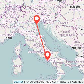 Mapa del viaje Nápoles Venecia en bus