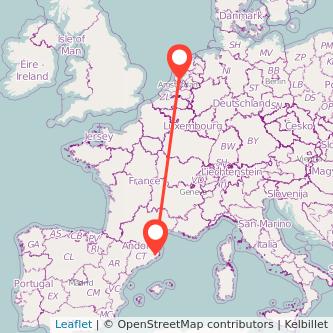 Mapa del viaje Amsterdam Girona en bus