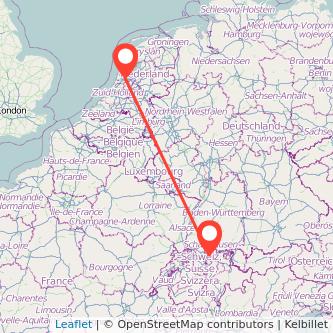 Mapa del viaje Amsterdam Zúrich en tren