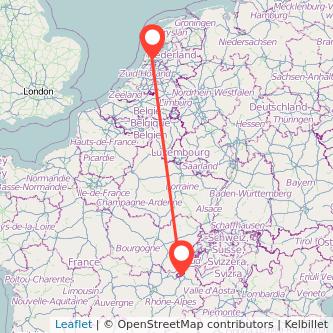 Mapa del viaje Amsterdam Ginebra en tren