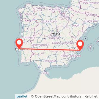 Mapa del viaje Lisboa Benidorm en bus