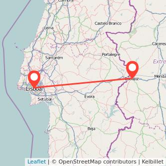 Mapa del viaje Lisboa Badajoz en bus