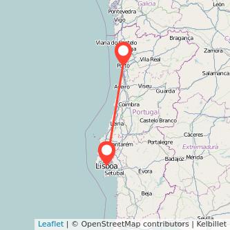 Mapa del viaje Lisboa Oporto en bus