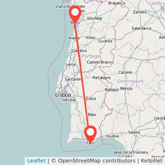 Mapa del viaje Faro Oporto en bus