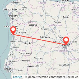 Mapa del viaje Oporto Madrid en bus