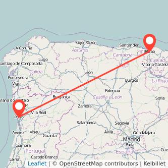 Mapa del viaje Oporto Bilbao en bus