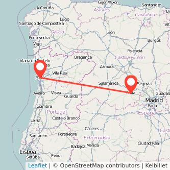 Mapa del viaje Oporto Ávila en bus