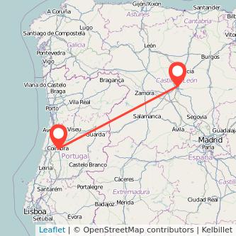 Mapa del viaje Coimbra Valladolid en bus