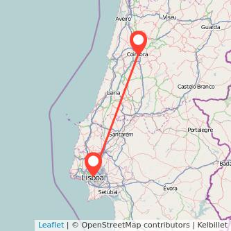 Mapa del viaje Coimbra Lisboa en bus
