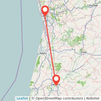 Mapa del viaje Coimbra Oporto en bus