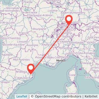 Mapa del viaje Zúrich Figueres en tren