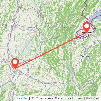 Mapa del viaje Ginebra Lyon en bus